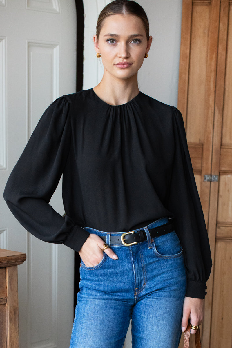 Gathered Neckline Top - Black