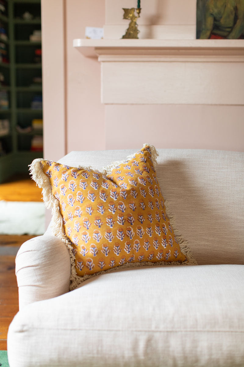 Handblock Pillow Cover - French Marigolds Saffron Linen