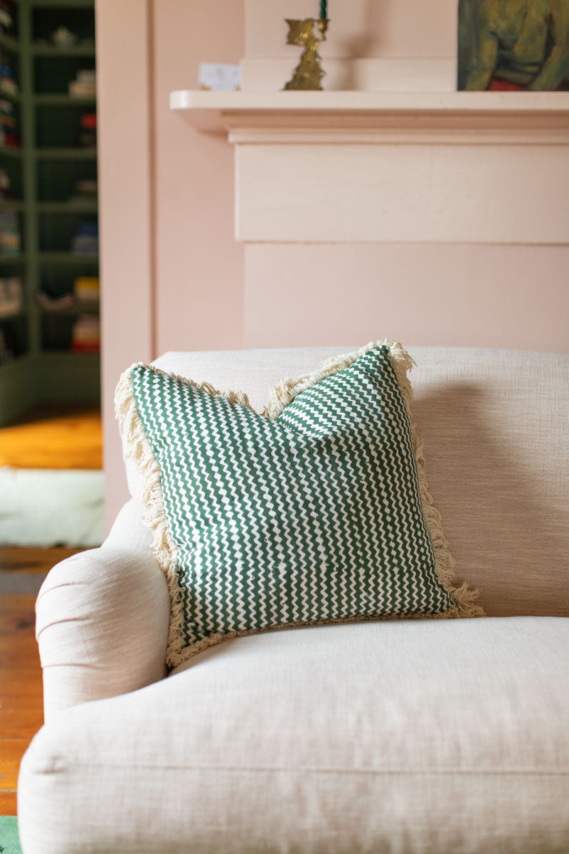 Handblock Pillow Cover - Zigzag Juniper Linen