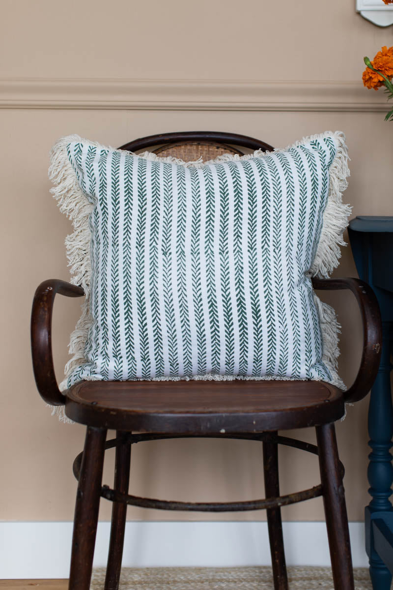 Handblock Pillow Cover - Green Climbing Vines Linen