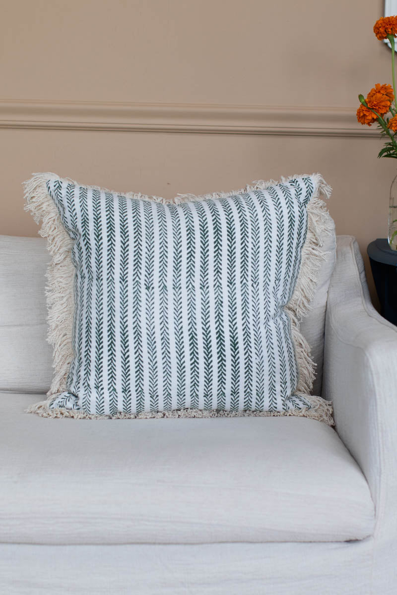 Handblock Pillow Cover - Green Climbing Vines Linen