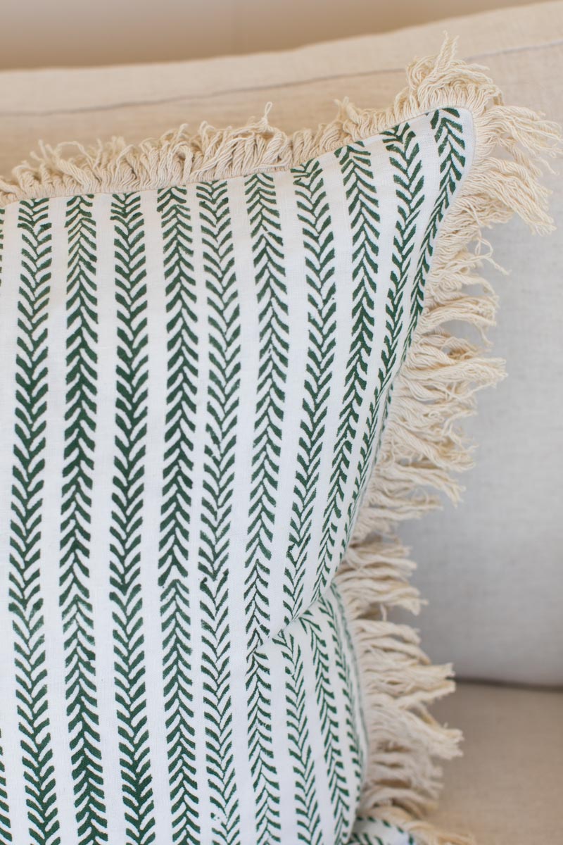 Handblock Pillow Cover - Green Climbing Vines Linen