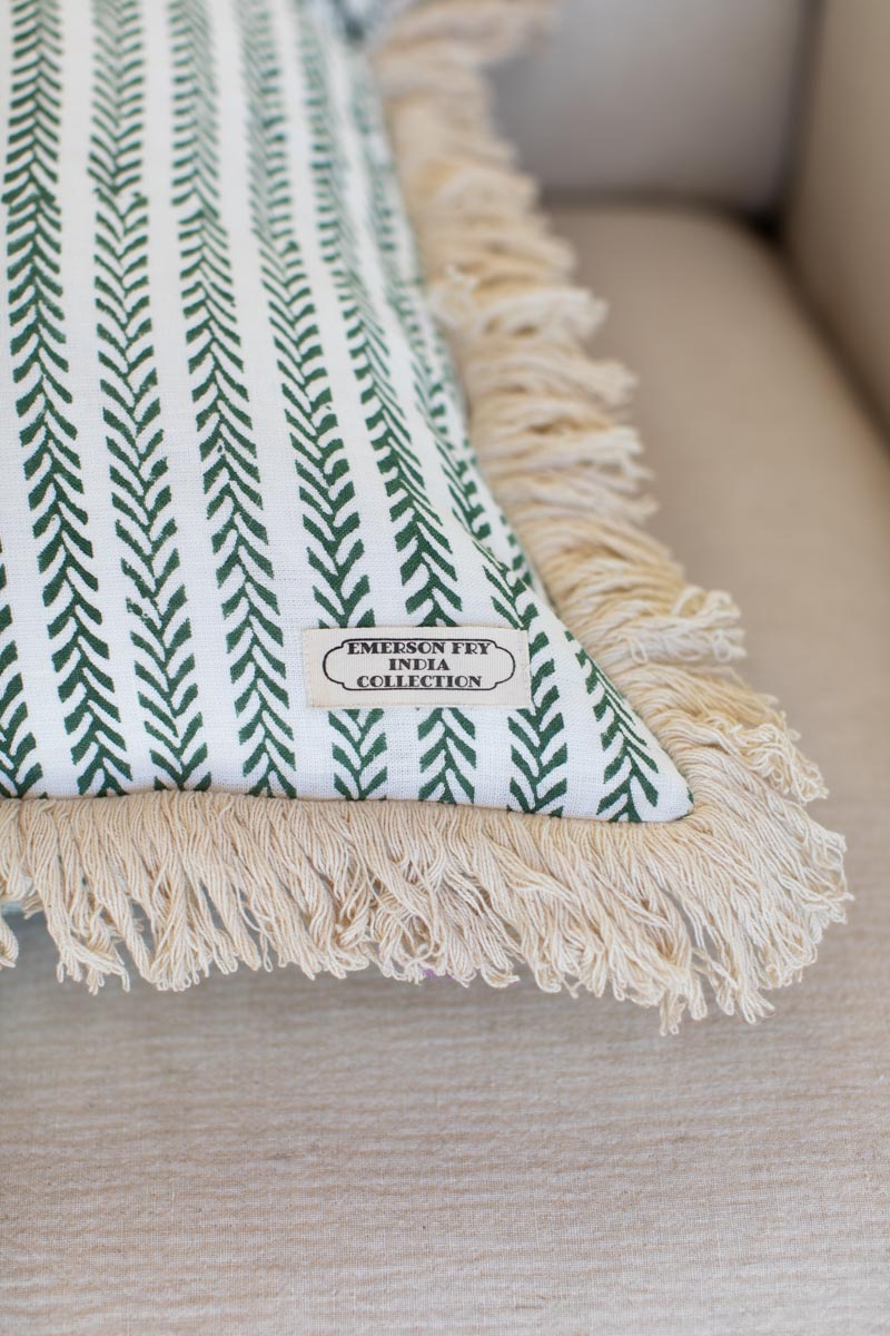 Handblock Pillow Cover - Green Climbing Vines Linen