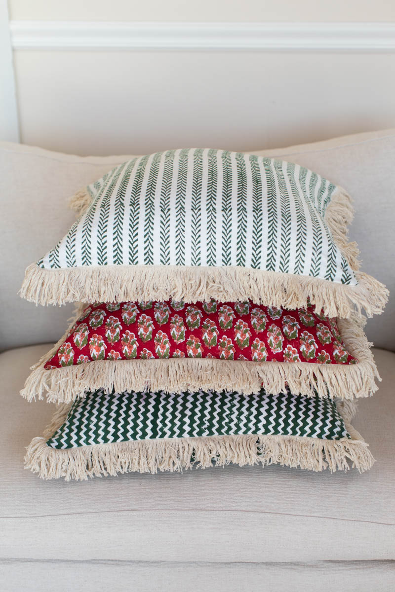 Handblock Pillow Cover - Green Climbing Vines Linen