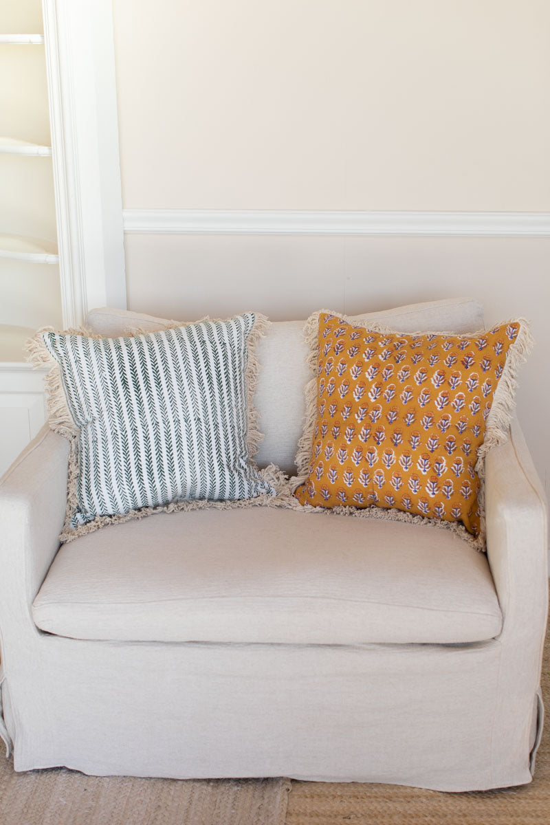 Handblock Pillow Cover - Green Climbing Vines Linen