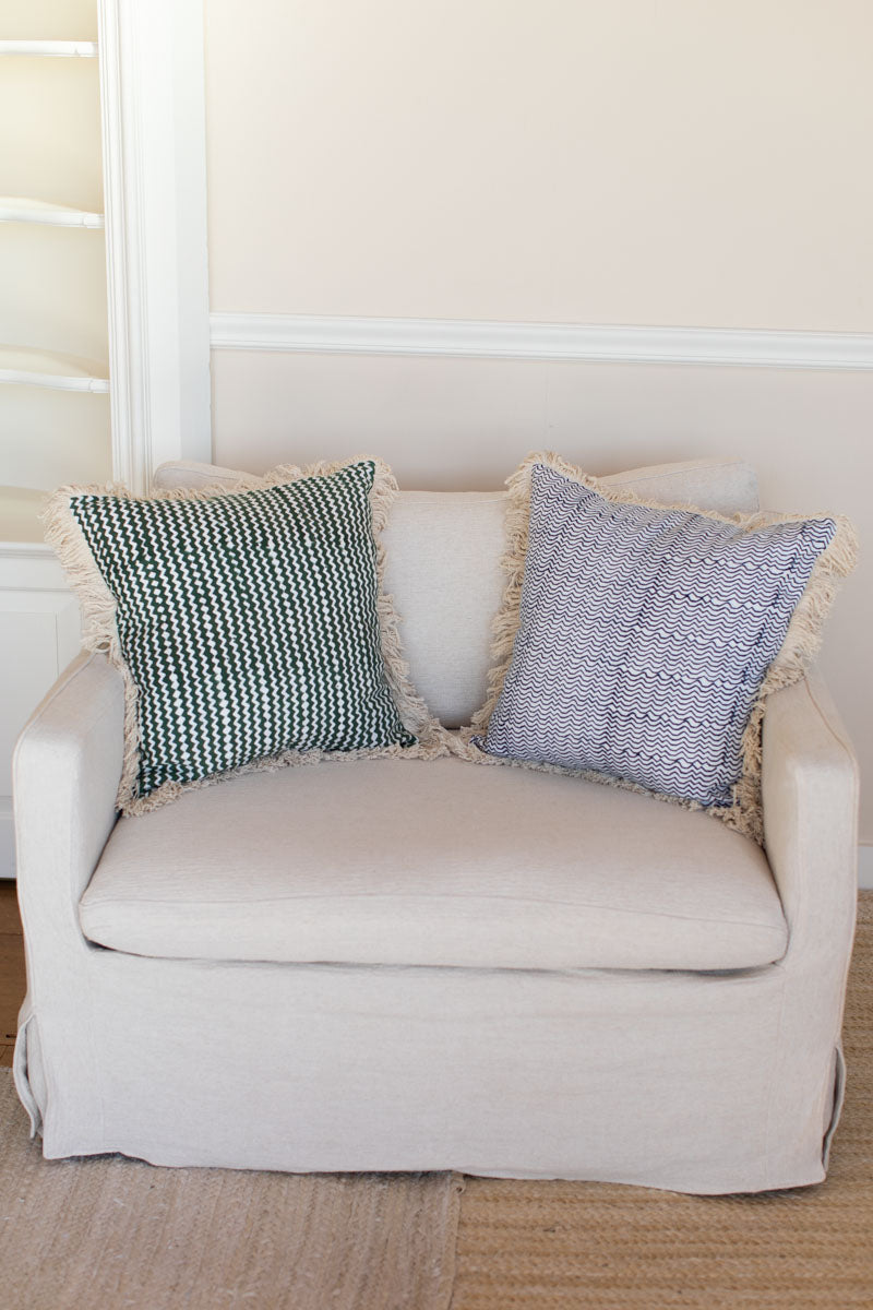 Handblock Pillow Cover - Waves Indigo Linen