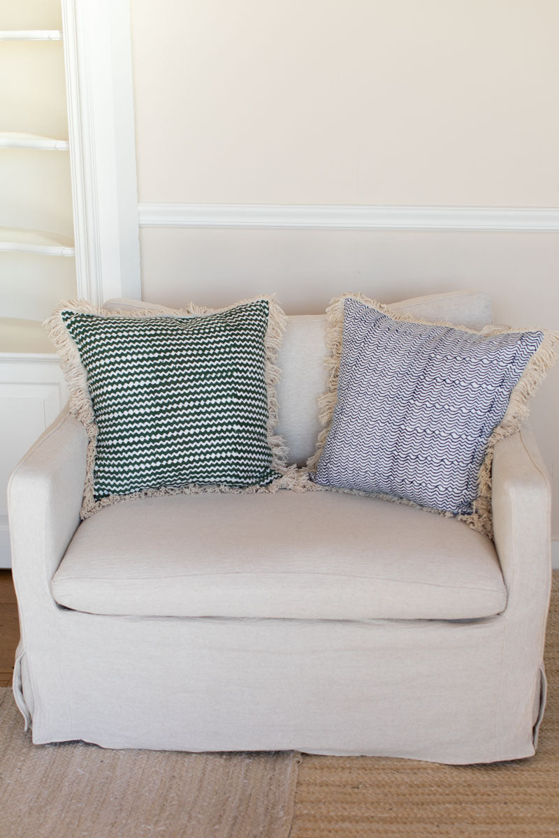 Handblock Pillow Cover - Zigzag Juniper Linen