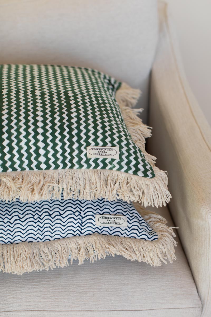 Handblock Pillow Cover - Waves Indigo Linen