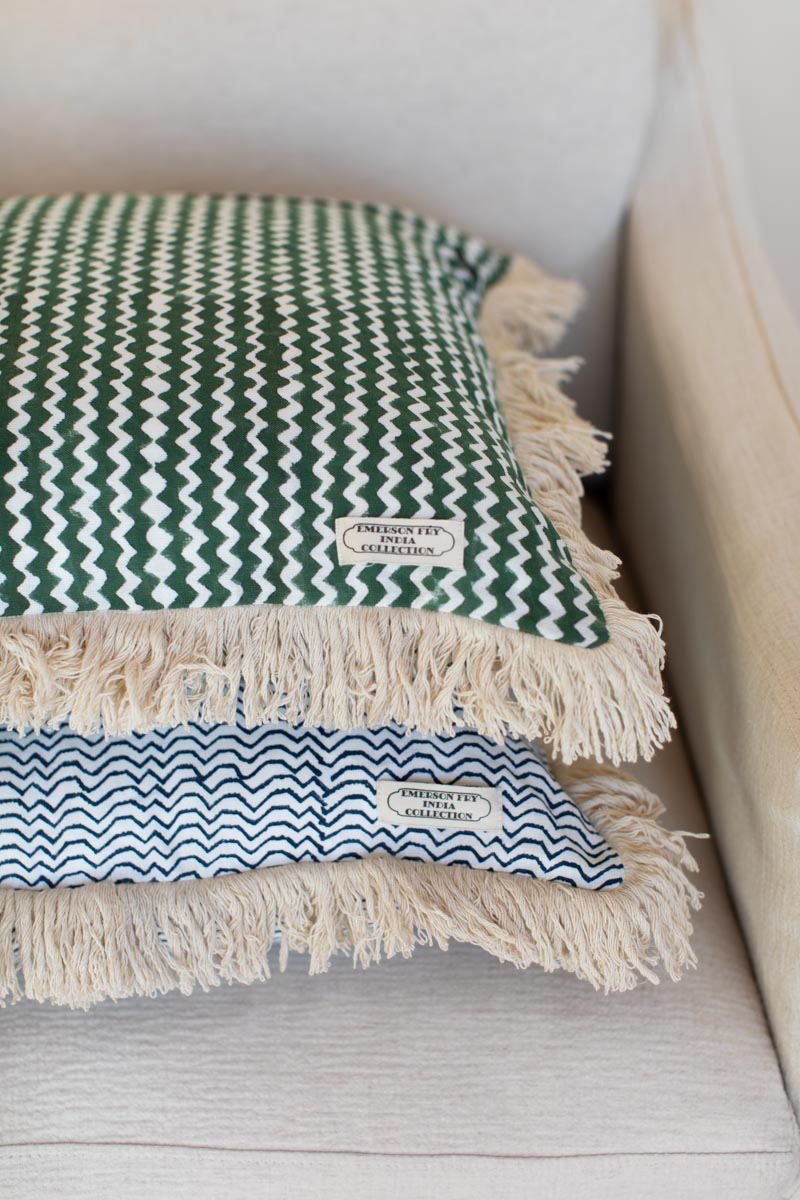 Handblock Pillow Cover - Zigzag Juniper Linen