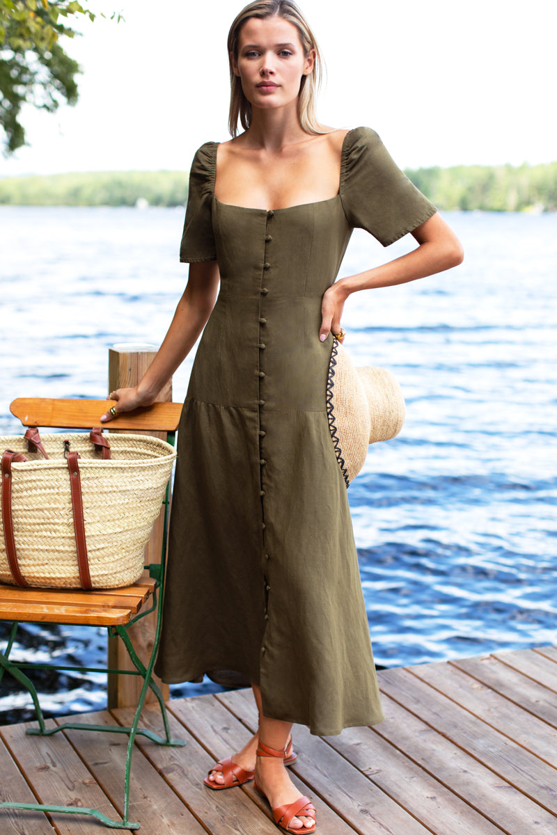 Louise Shortsleeve Basque Dress - Martini Olive