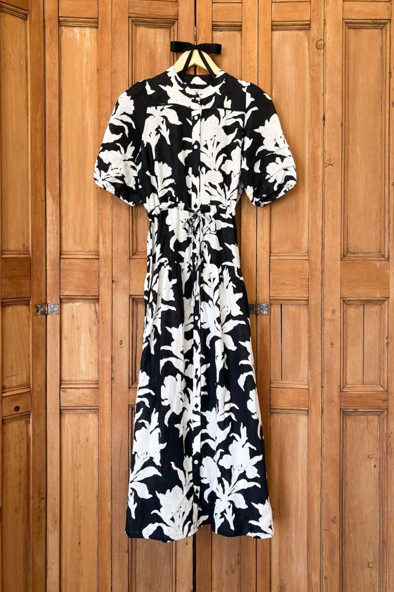 Lucy 4 Basque Dress - Black + Ivory Orchid Linen