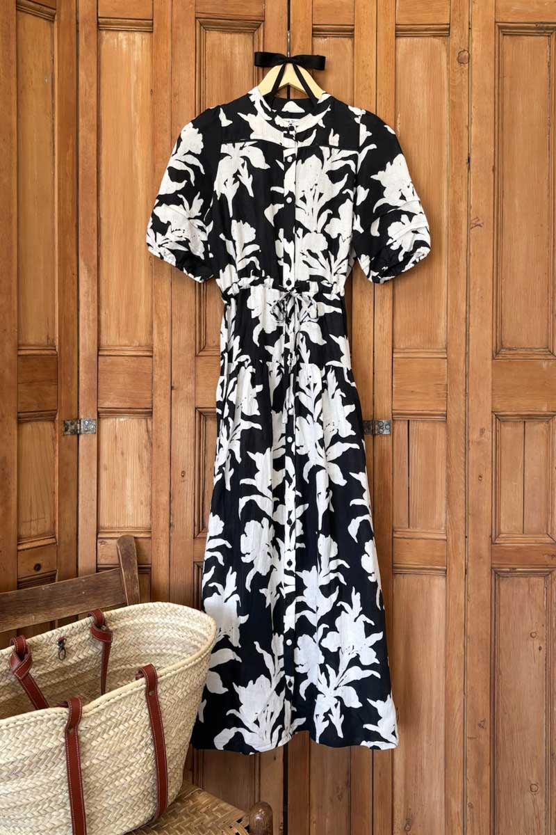 Lucy 4 Basque Dress - Black + Ivory Orchid Linen