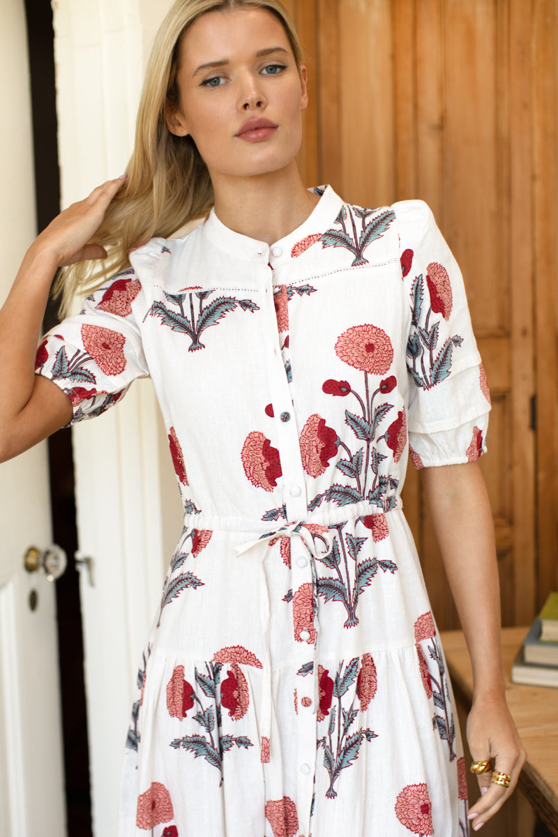 Lucy 4 Basque Dress - Blush Peonies Linen