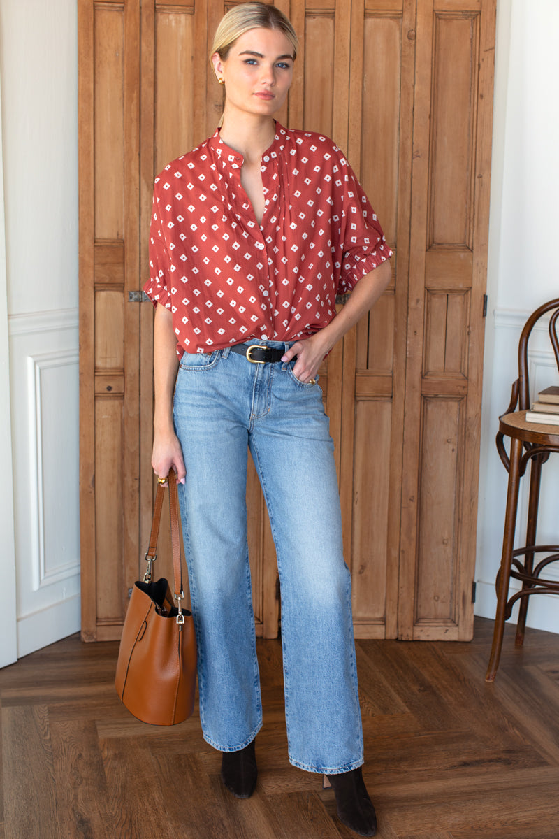 Mandarin Collar Top - Antique Rouge Diamonds Organic