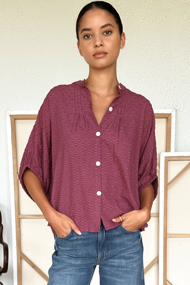 Mandarin Collar Top - Crushed Berry Swiss Dot Organic