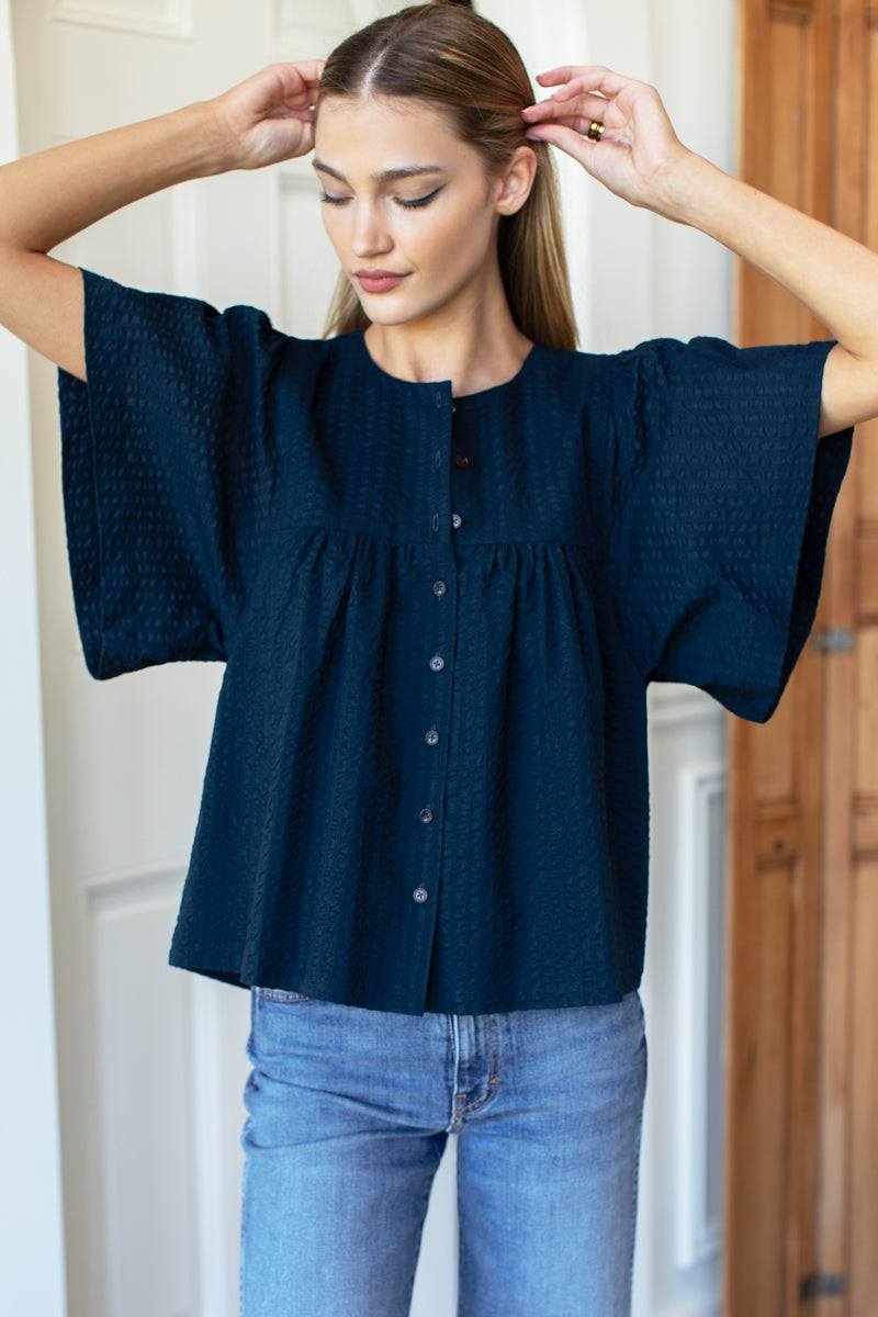 Marion Button Blouse - Navy Textured