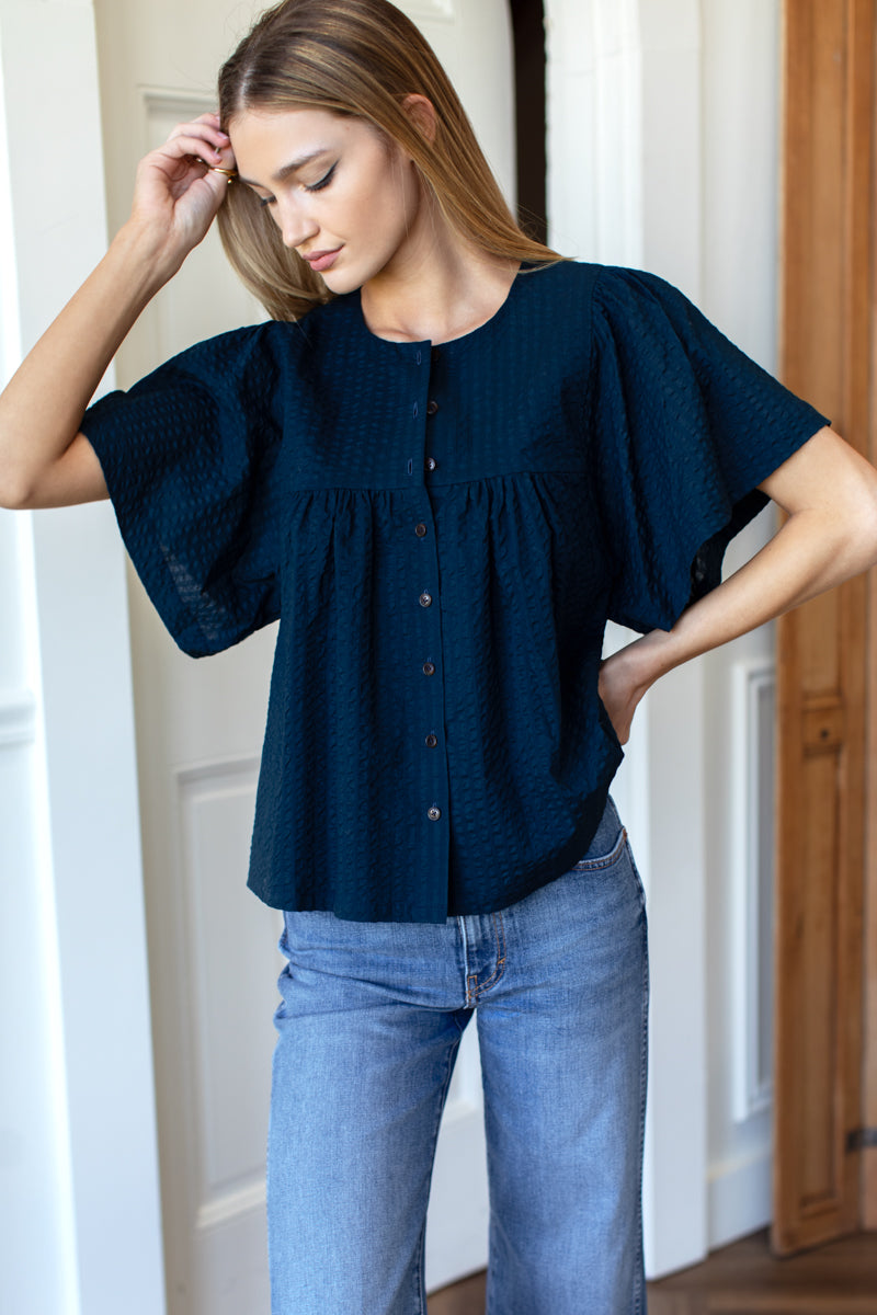 Marion Button Blouse - Navy Textured