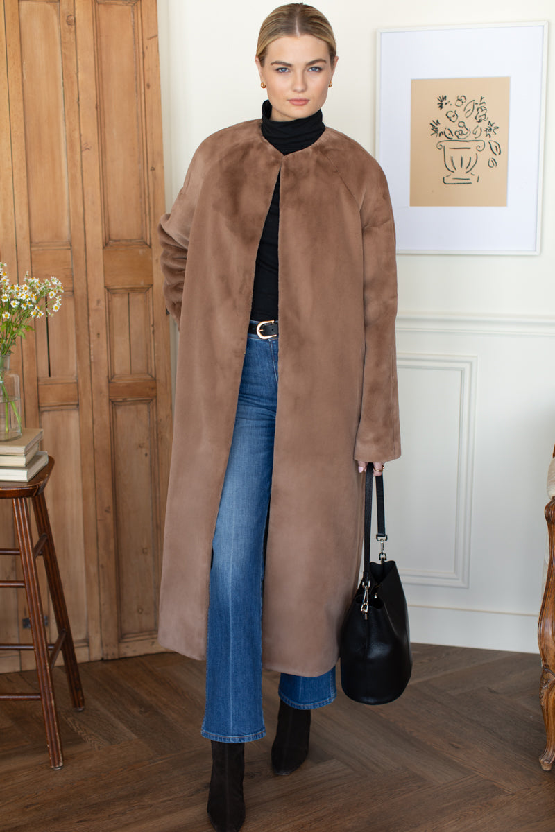 Nathalie Collarless Midi Coat - Camel Plush