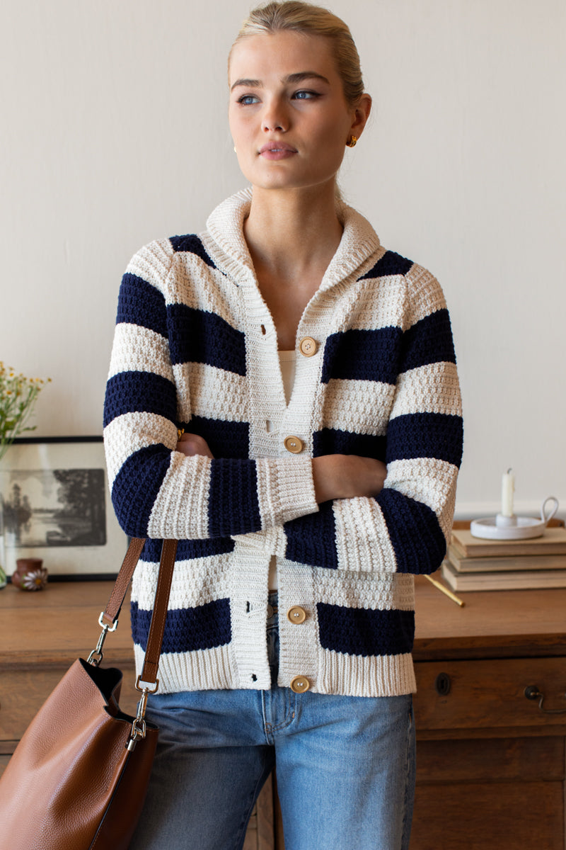 Playa Stripe Cardigan - Ivory + Navy Tanguis Cotton