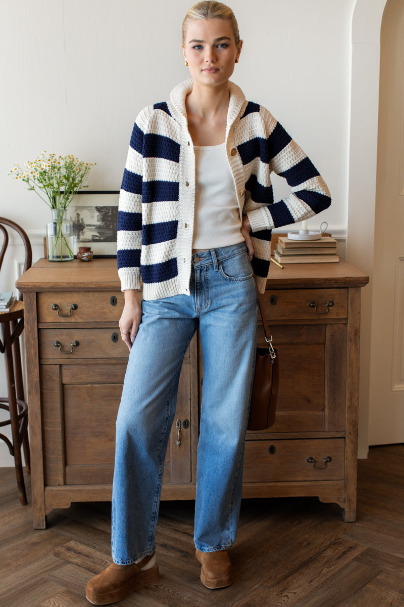 Playa Stripe Cardigan - Ivory + Navy Tanguis Cotton
