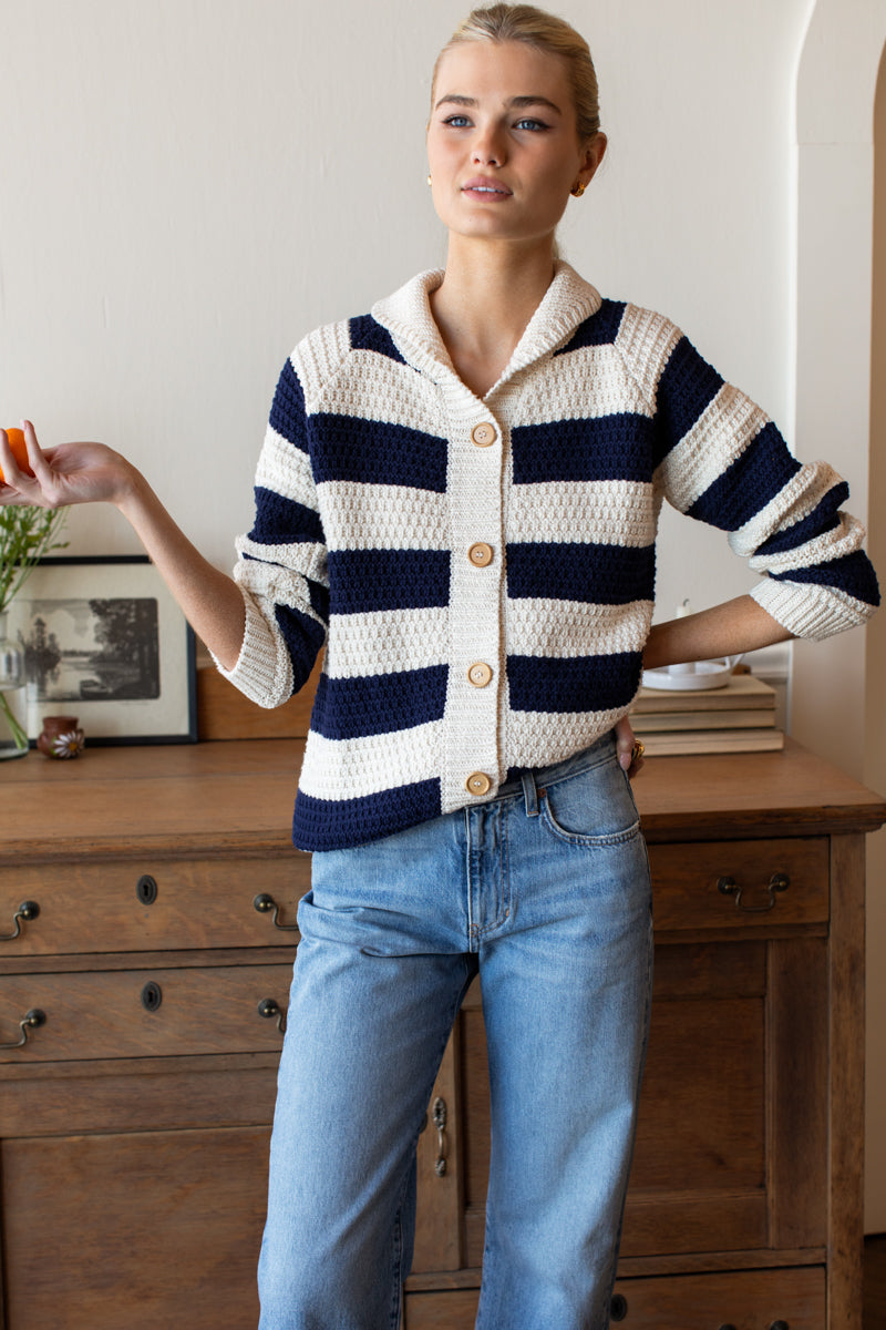 Playa Stripe Cardigan - Ivory + Navy Tanguis Cotton