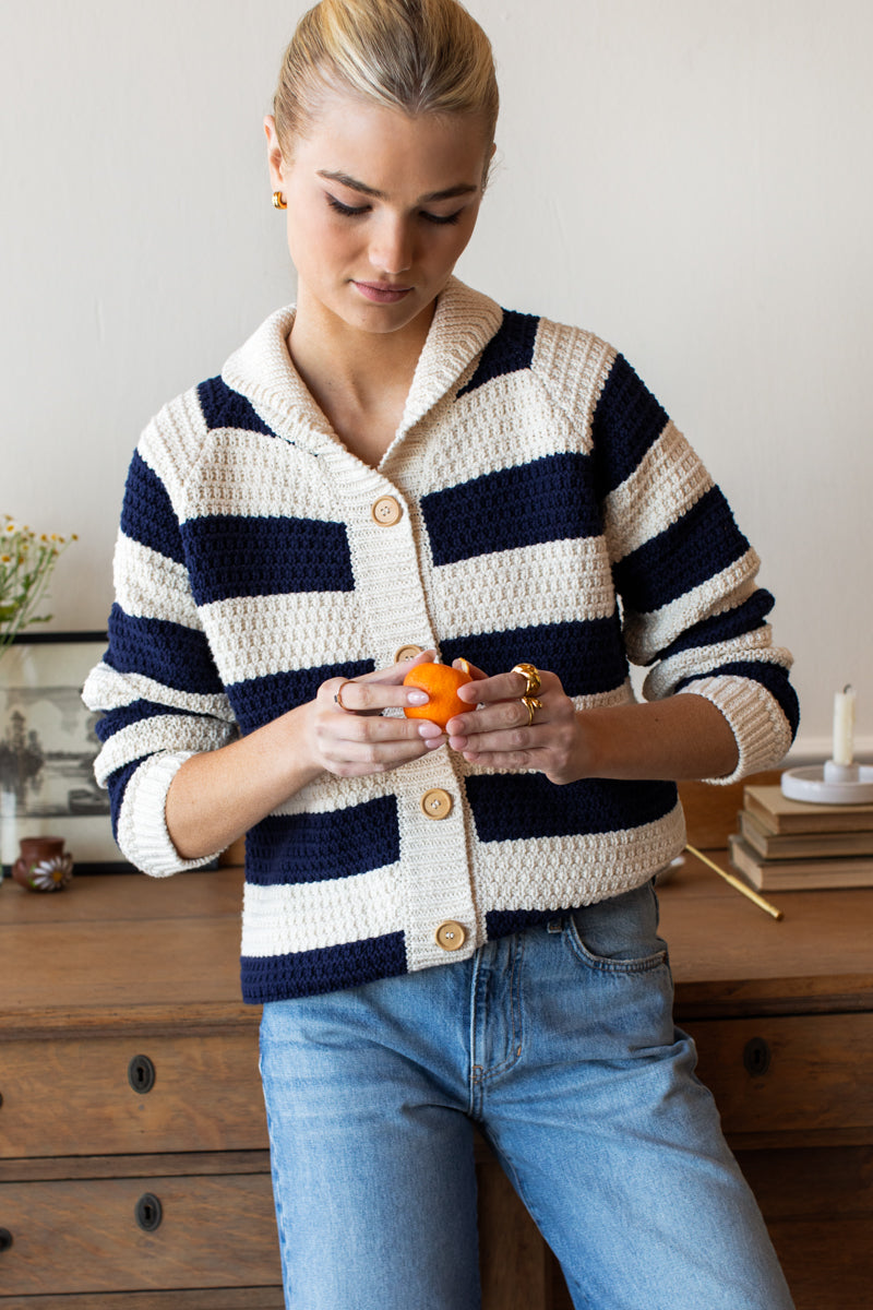 Playa Stripe Cardigan - Ivory + Navy Tanguis Cotton