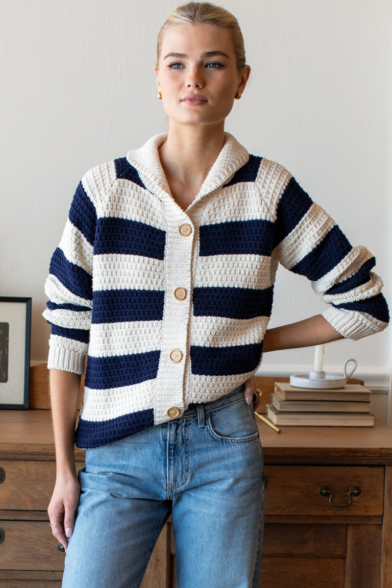 Playa Stripe Cardigan - Ivory + Navy Tanguis Cotton