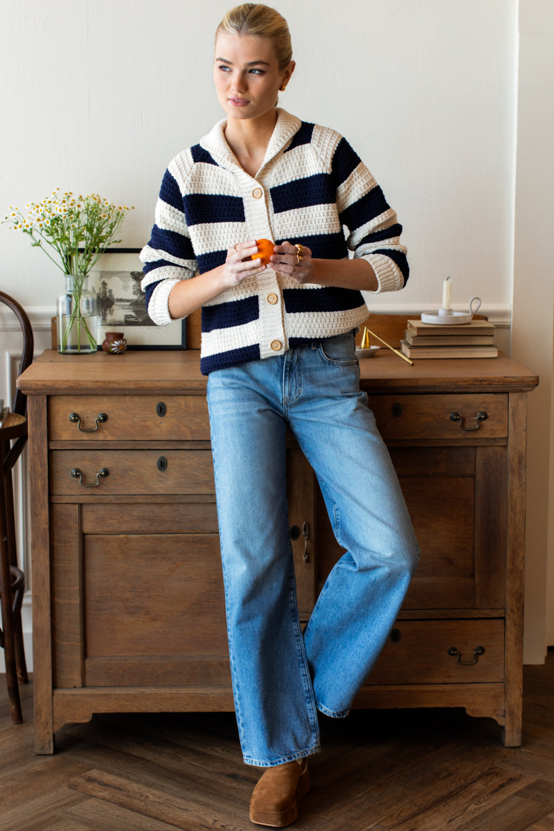 Playa Stripe Cardigan - Ivory + Navy Tanguis Cotton