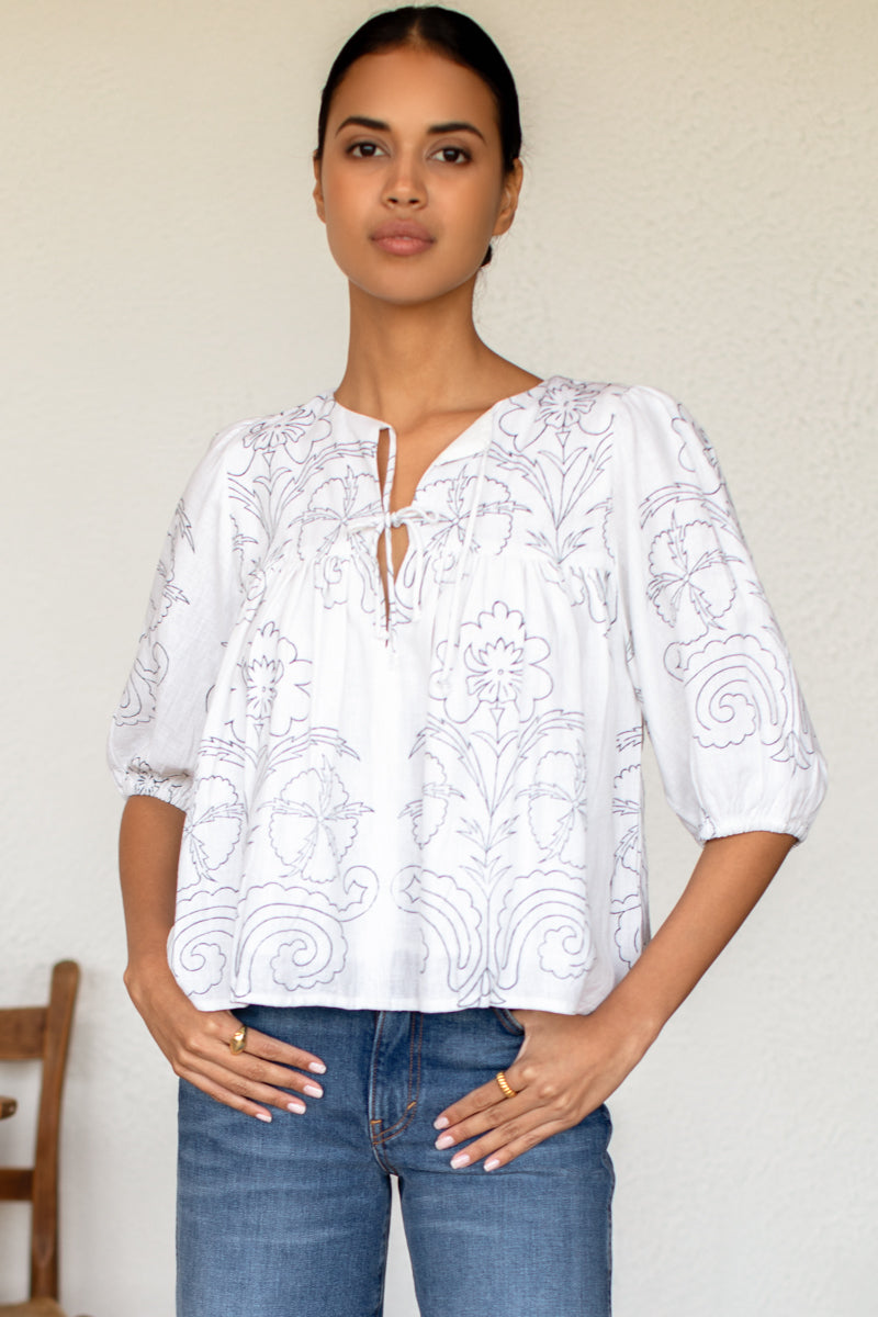 Puff Isla Top - Maeve Outline Indigo Linen