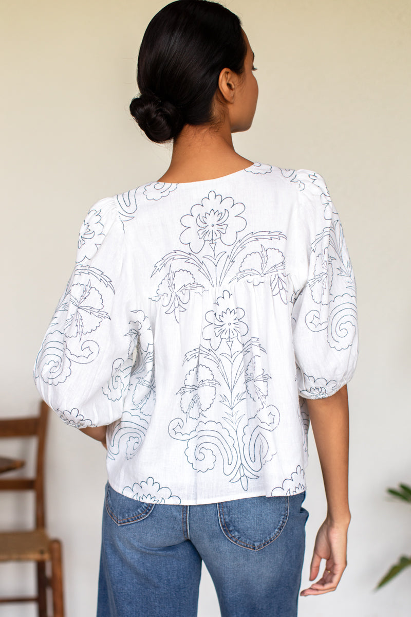 Puff Isla Top - Maeve Outline Indigo Linen