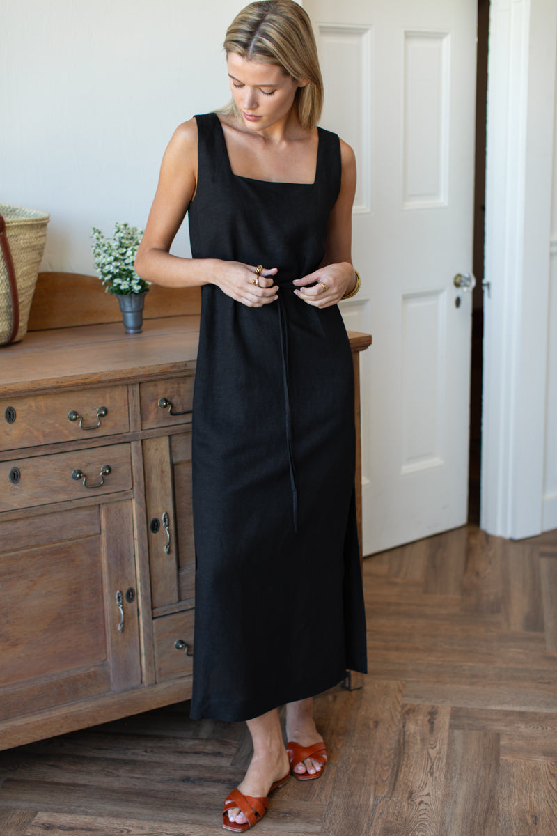 Roma Maxi Shift Dress - Black Linen