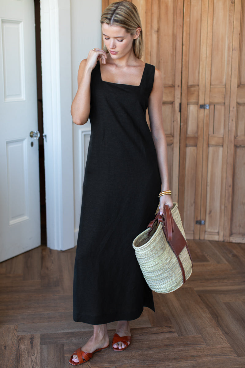 Roma Maxi Shift Dress - Black Linen