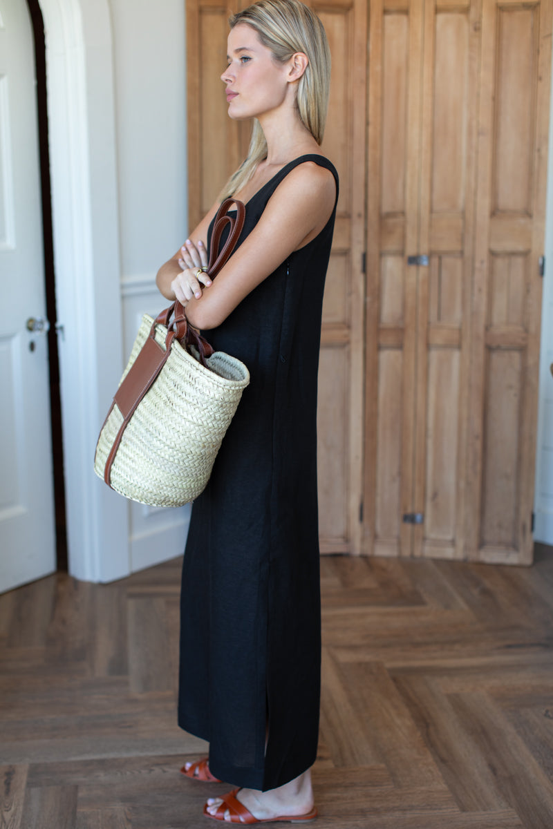 Roma Maxi Shift Dress - Black Linen