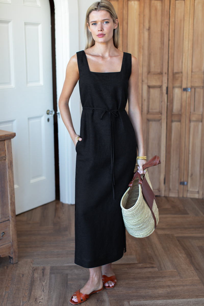 Roma Maxi Shift Dress - Black Linen