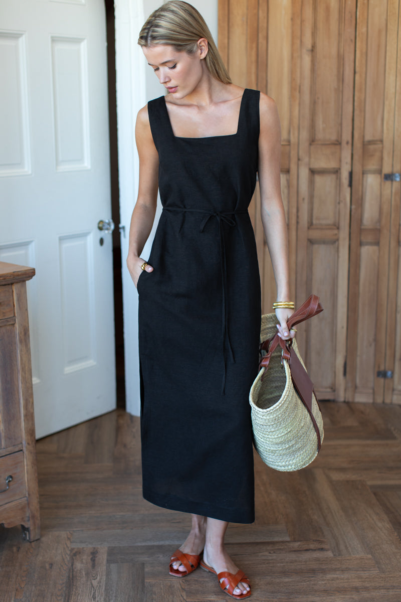 Roma Maxi Shift Dress - Black Linen