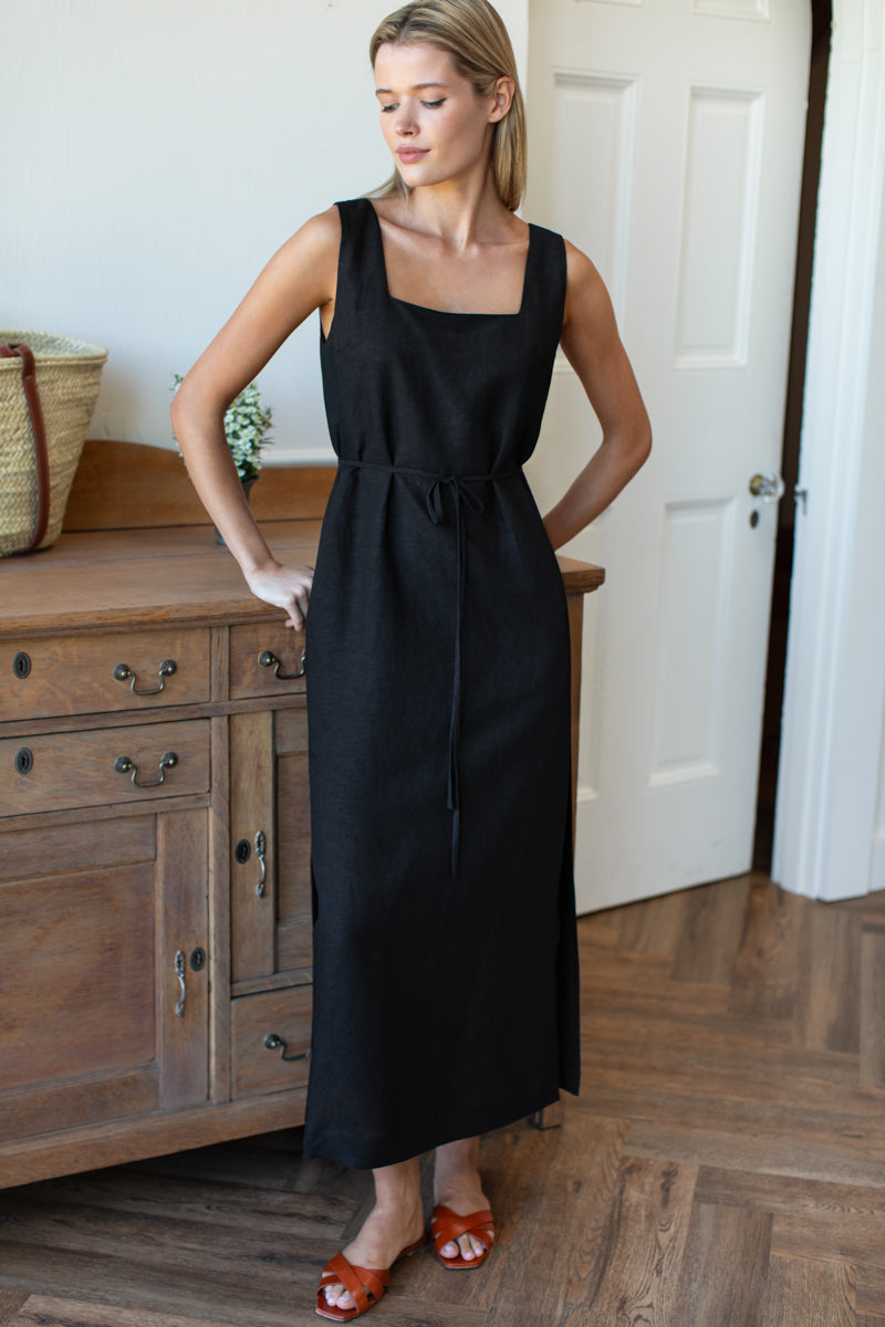Roma Maxi Shift Dress - Black Linen
