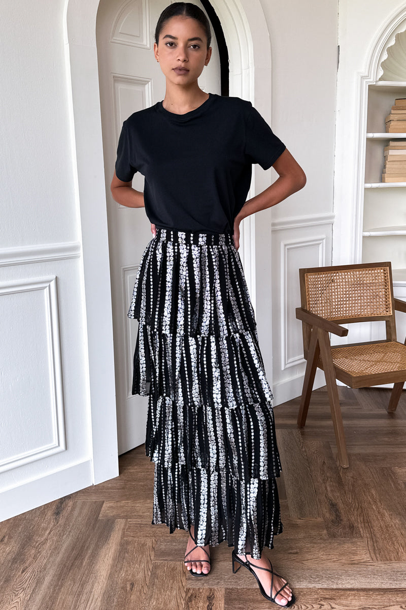 Ruffle Midi Skirt - Black + Silver