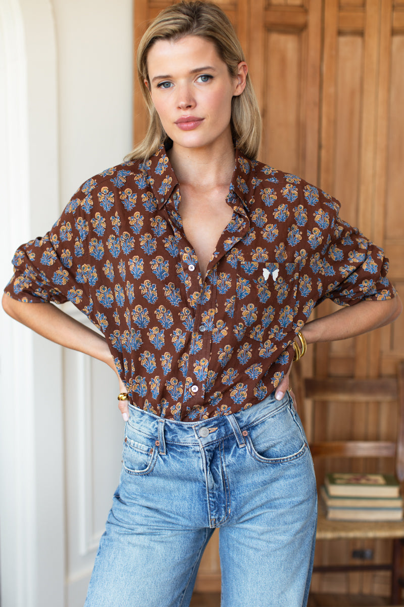 Ryan Shirt - Library Flowers Cocoa Organic