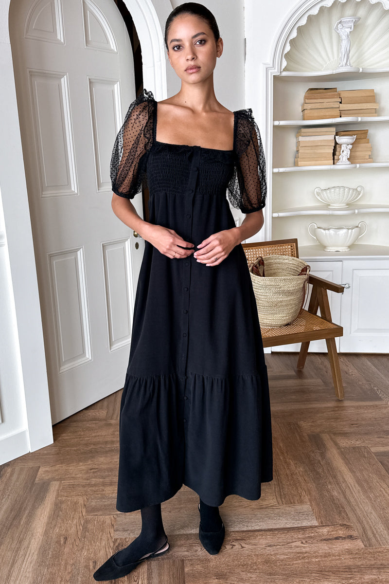 Shirred Bodice Maxi Dress - Black Dots