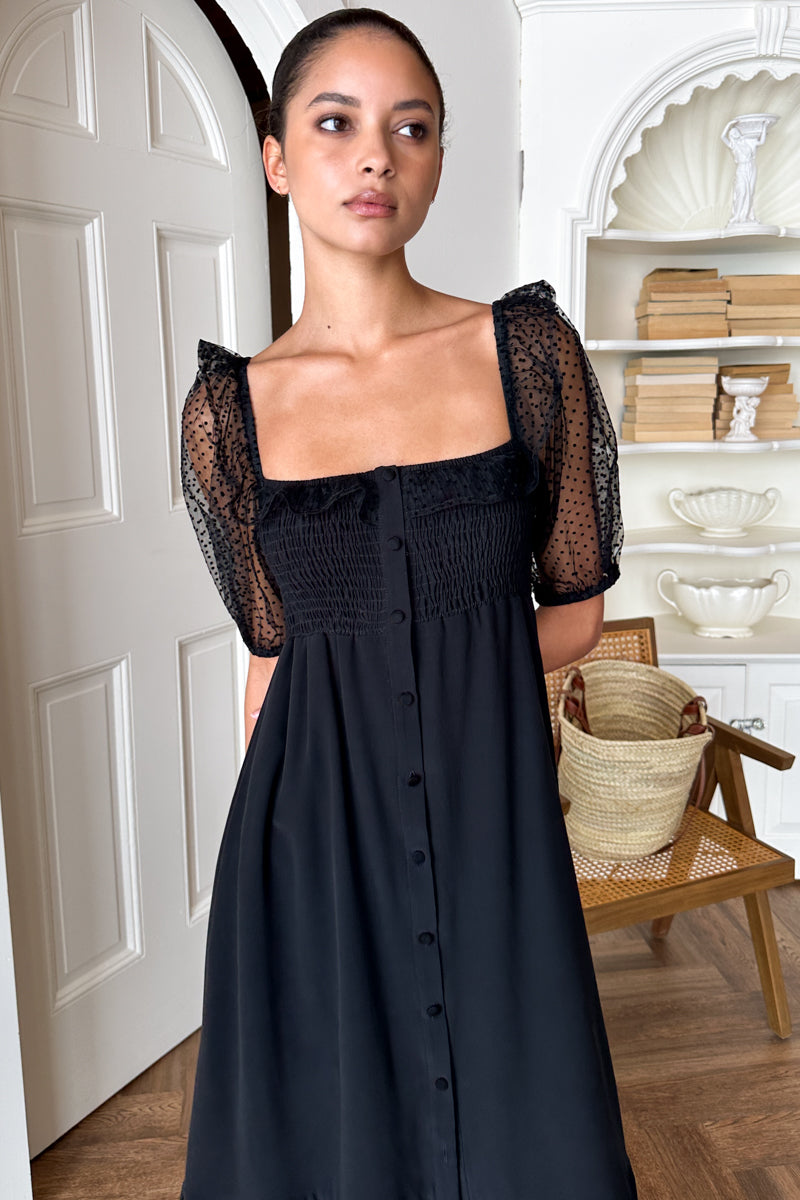 Shirred Bodice Maxi Dress - Black Dots