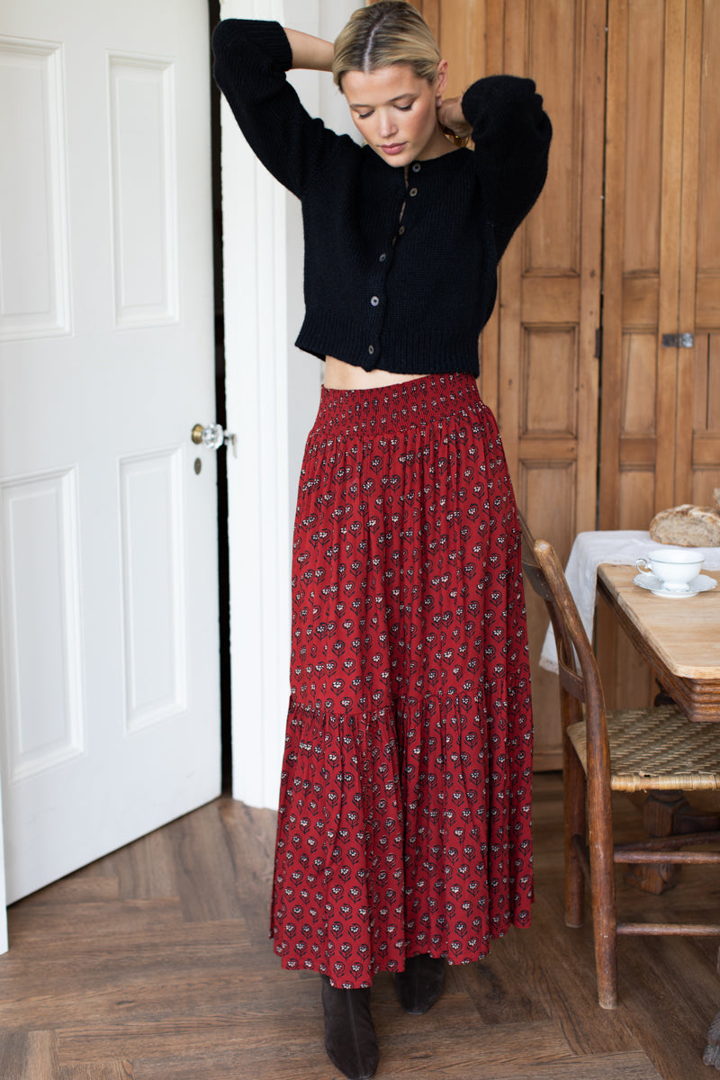 Shirred Skirt - Lantern Flower Rouge