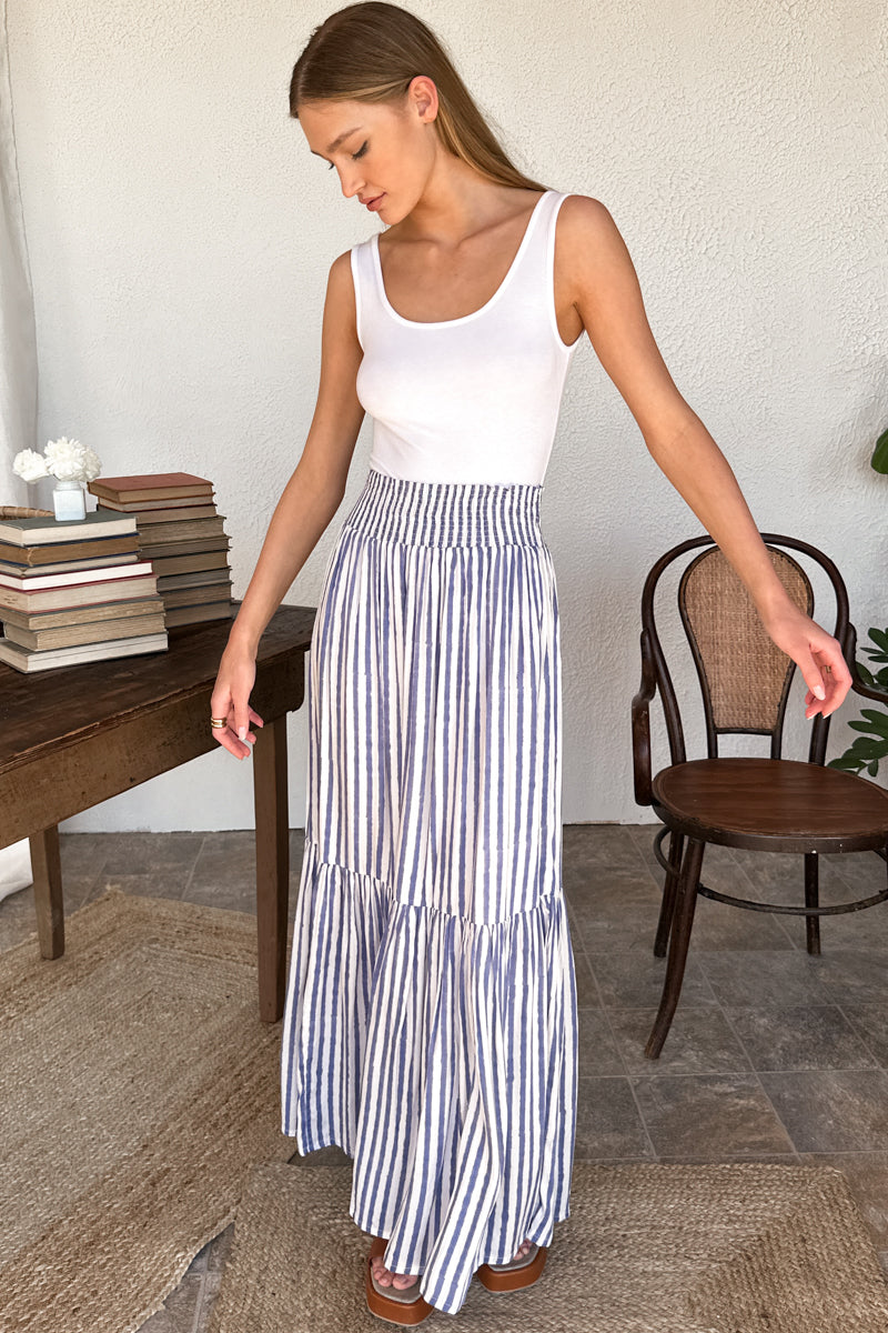 Shirred Skirt - Ocean Stripe