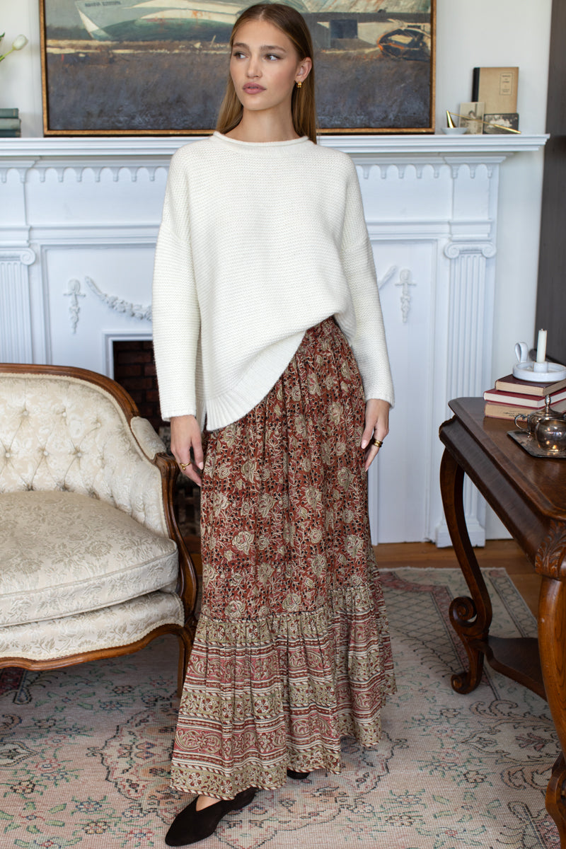 Shirred Skirt - Vintage Floral Stripe Terracotta Organic