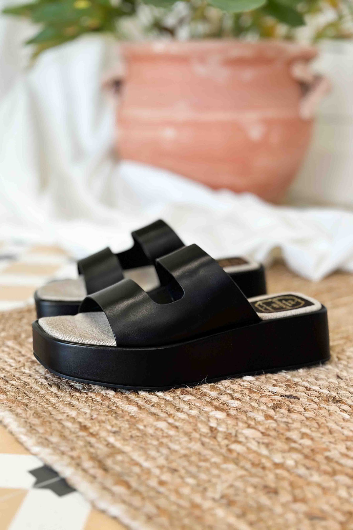 Platform Slide - Black Leather