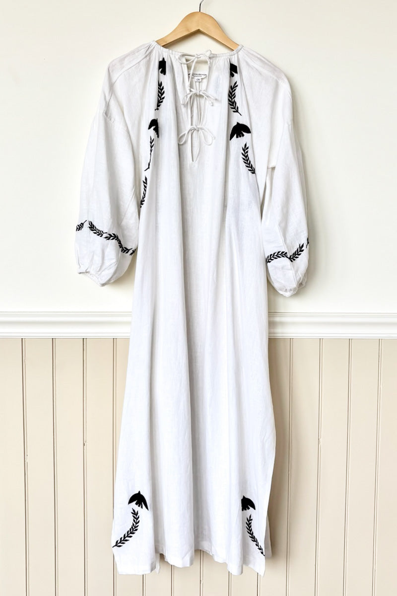 Folk Maxi Dress - White Dove Embroidery Linen