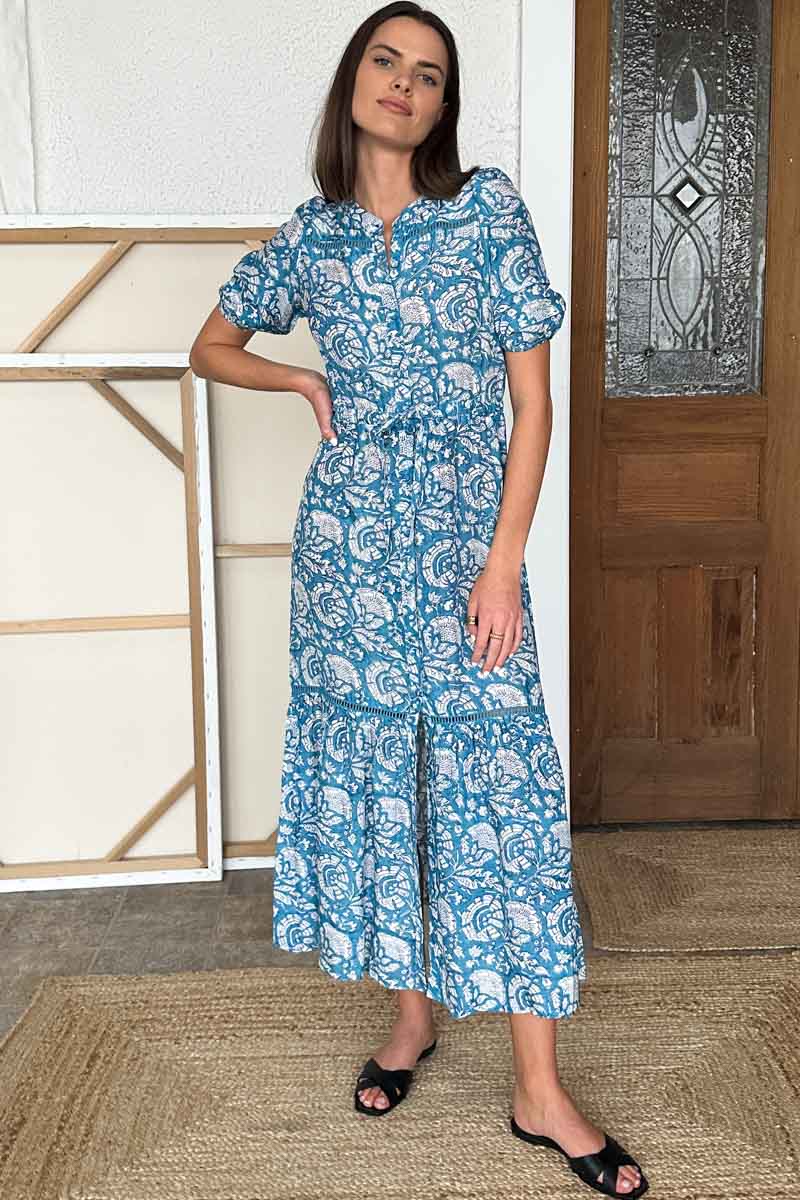 Lucy 4 Short Sleeve Dress - Cassis Blue Linen