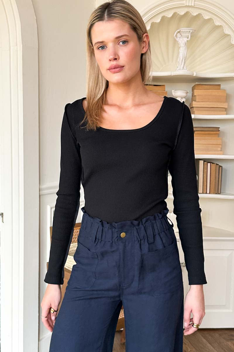 U Neck Longsleeve Top - Black Swan Rib