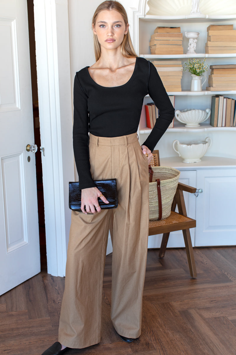 U Neck Longsleeve Top - Black Swan Rib