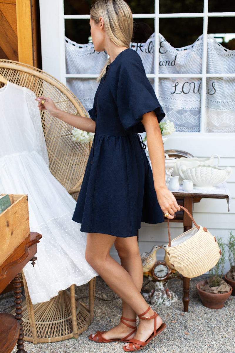 Bastille Short Dress - Midnight Linen