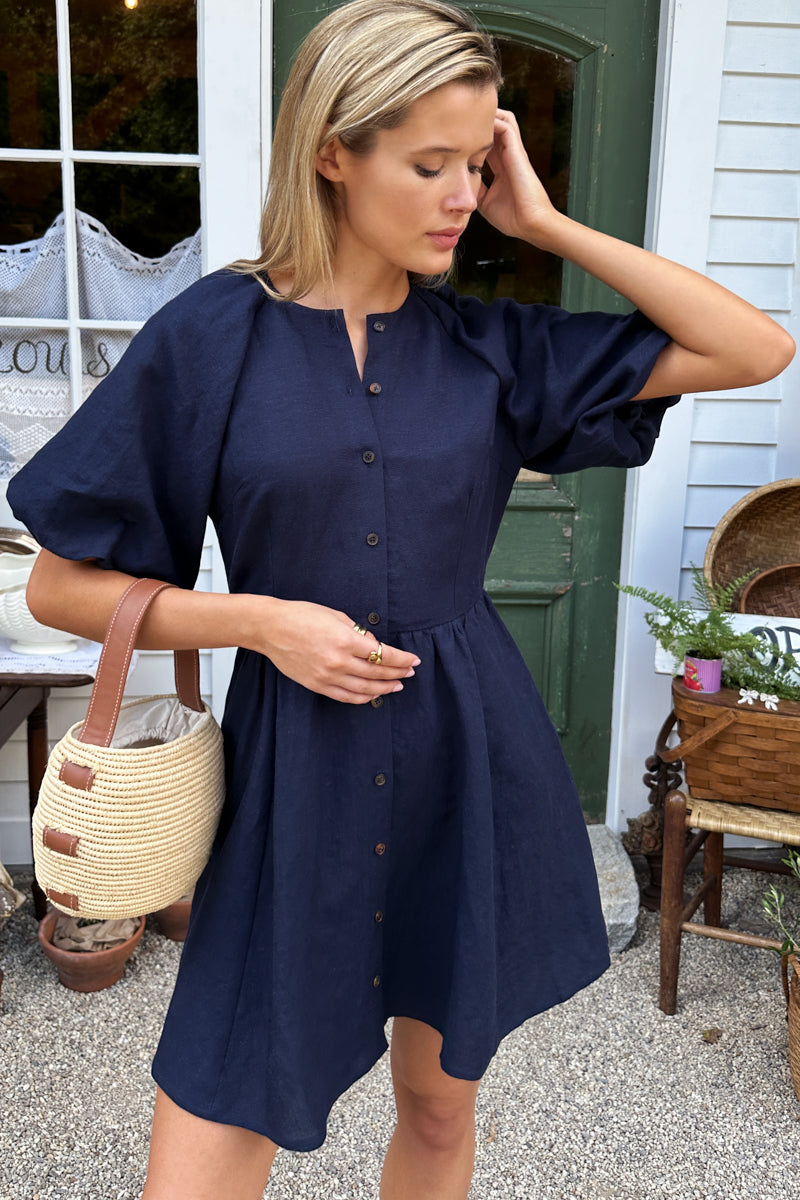 Bastille Short Dress - Midnight Linen